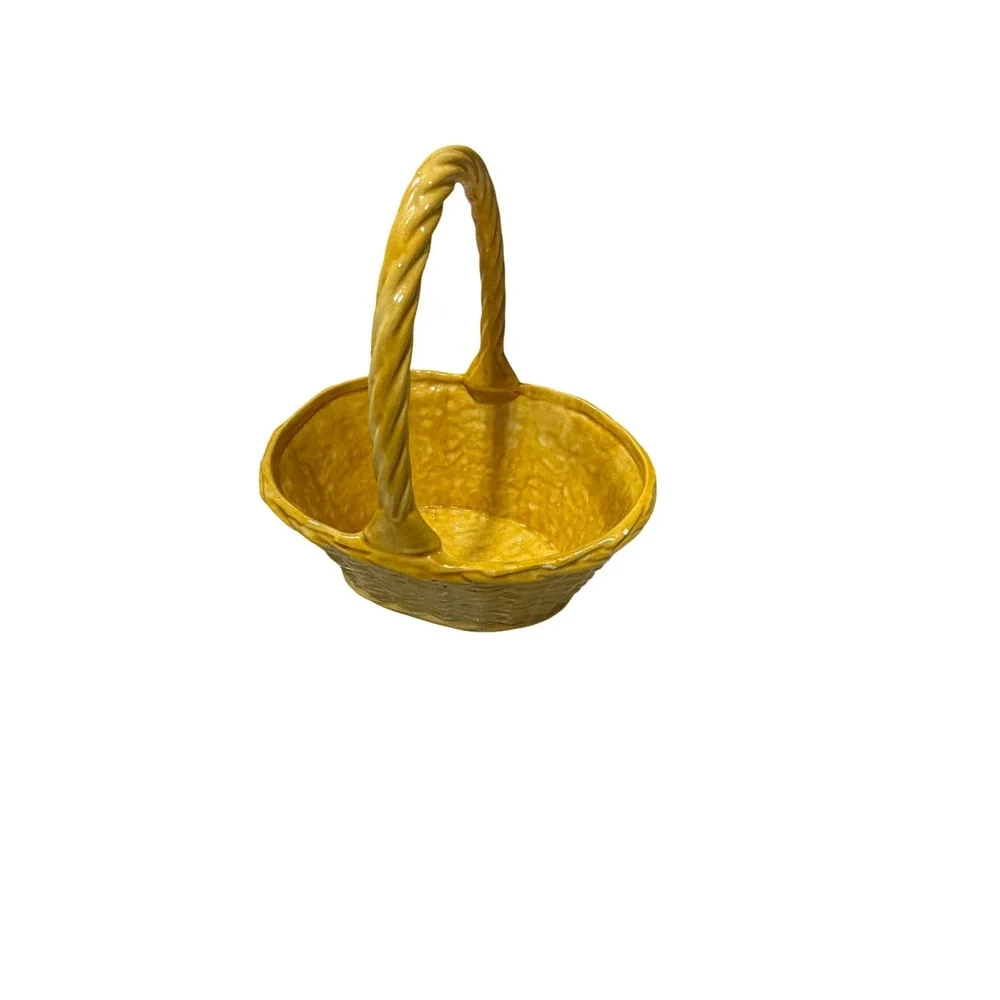 Vintage Yellow Ceramic Woven Basket with Twisted Handle Decorative Decor 11 inch